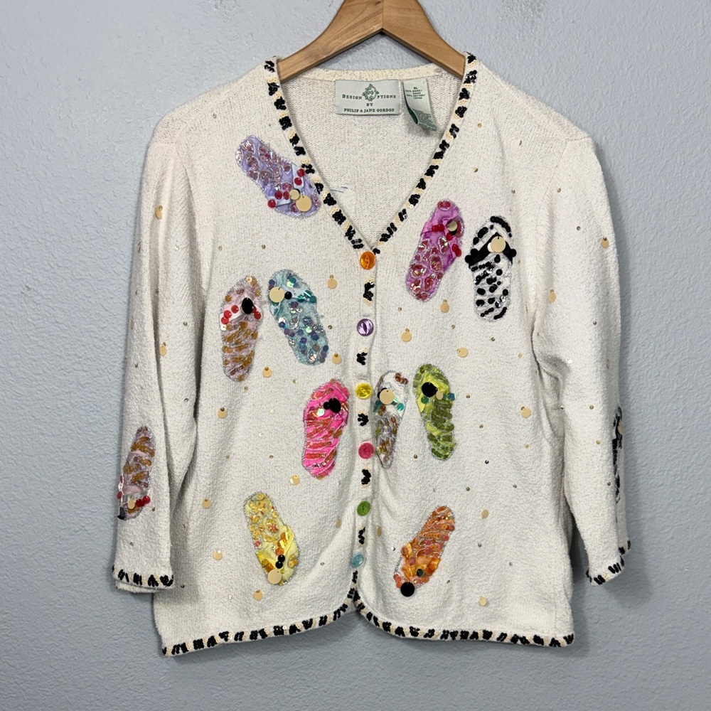 Vintage Philip Jane Gordon Multicolor Sequin Flip-Flop Appliqués Sweater